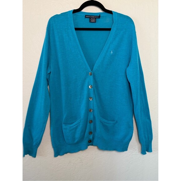 Ralph Lauren Sweaters - Ralph Lauren Sport Teal V-Neck Button Cardigan Cotton Linen XL Pony Logo Preppy